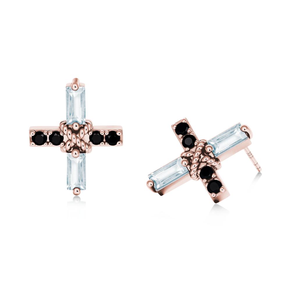 Baguette Aquamarine and Black Spinel Green Cross Stud Earrings - LUO Jewelry #metal_18k rose gold