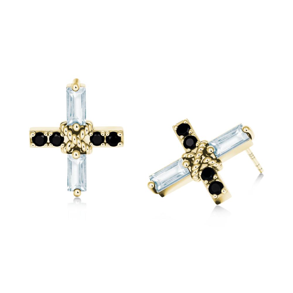 Baguette Aquamarine and Black Spinel Green Cross Stud Earrings - LUO Jewelry #metal_18k yellow gold
