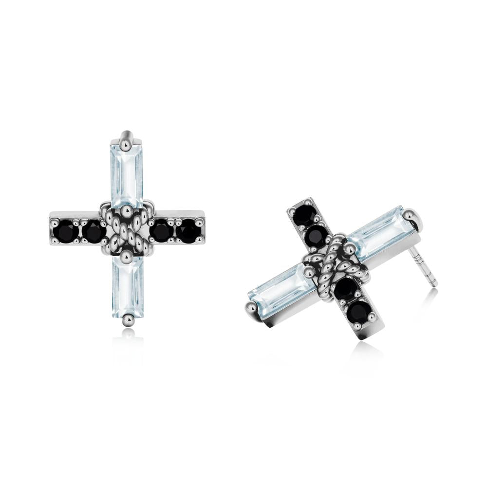 Baguette Aquamarine and Black Spinel Green Cross Stud Earrings - LUO Jewelry #metal_platinum