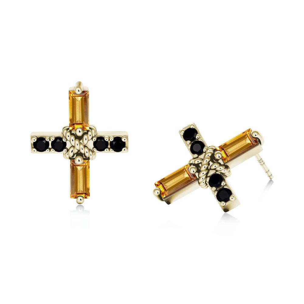 Baguette Citrine and Black Spinel Green Cross Stud Earrings - LUO Jewelry #metal_14k yellow gold