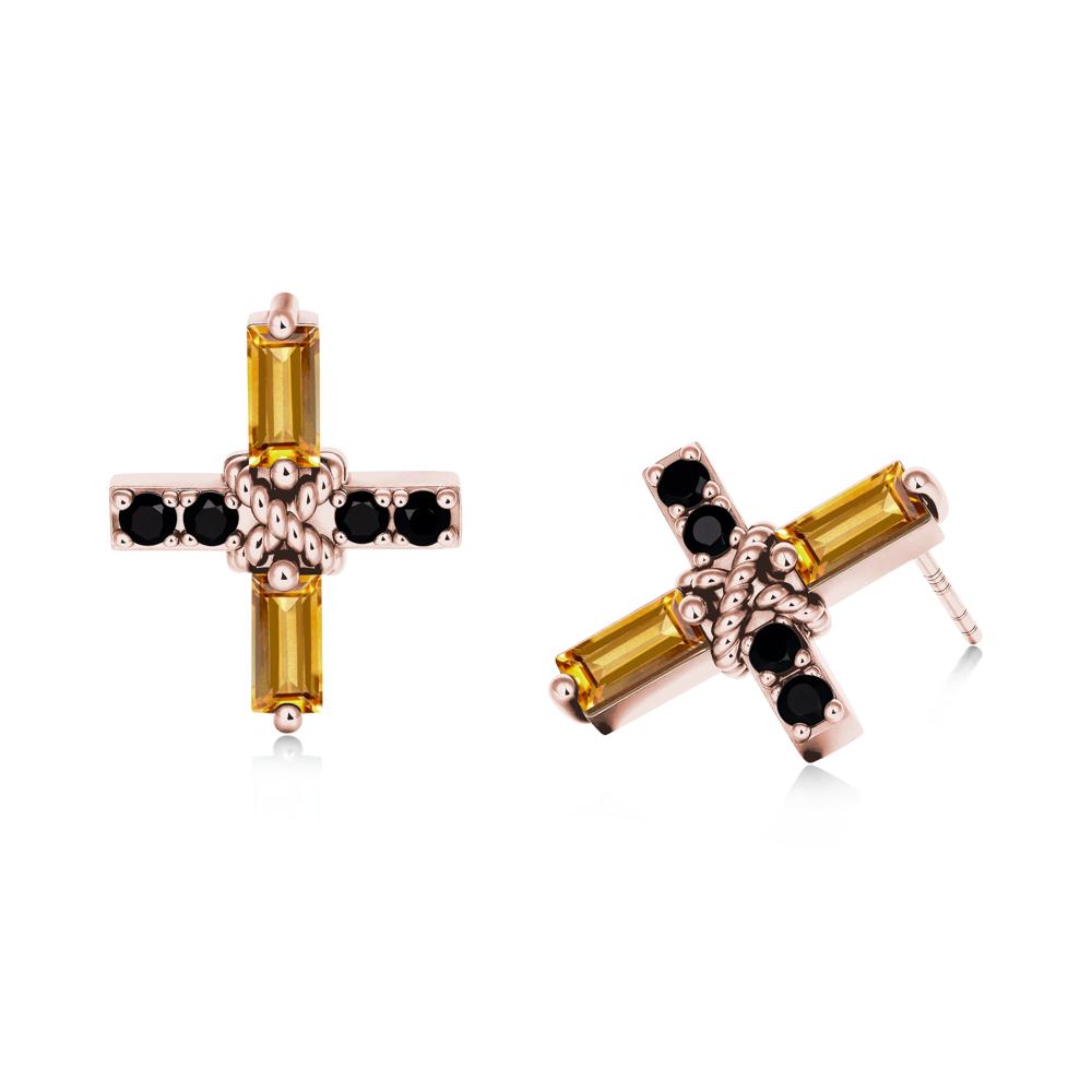 Baguette Citrine and Black Spinel Green Cross Stud Earrings - LUO Jewelry #metal_18k rose gold