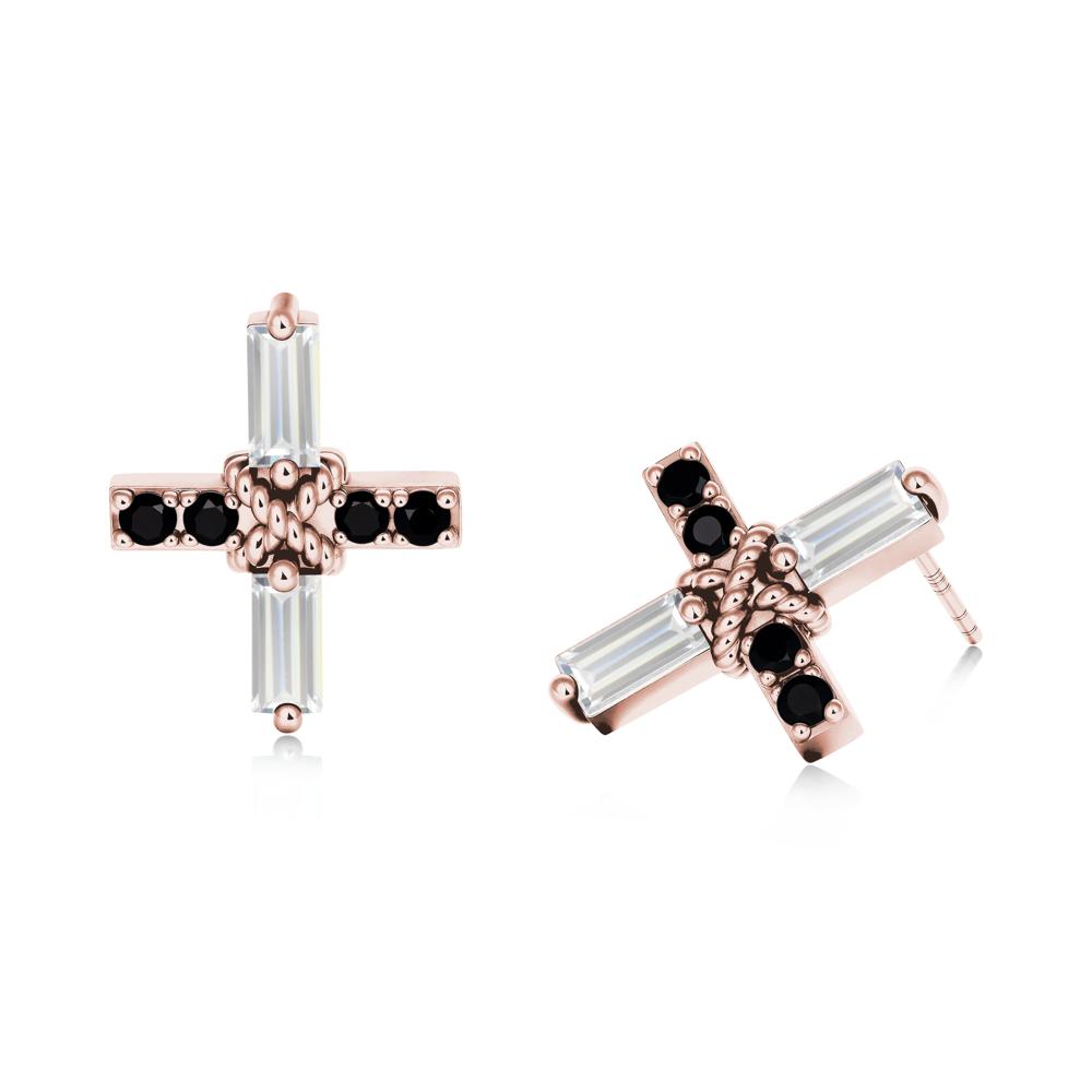 Baguette Cubic Zirconia and Black Spinel Green Cross Stud Earrings - LUO Jewelry #metal_18k rose gold