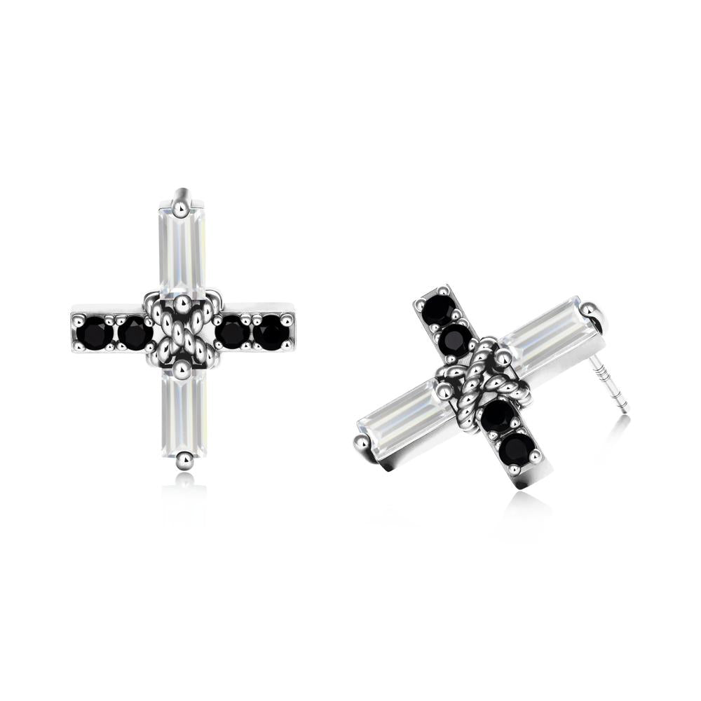 Baguette Cubic Zirconia and Black Spinel Green Cross Stud Earrings - LUO Jewelry #metal_sterling silver