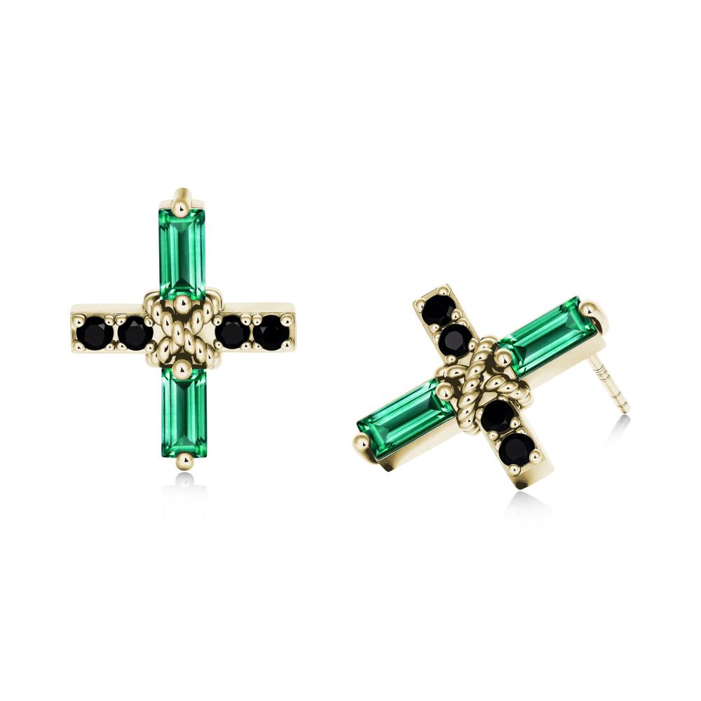 Baguette Emerald and Black Spinel Green Cross Stud Earrings - LUO Jewelry #metal_14k yellow gold