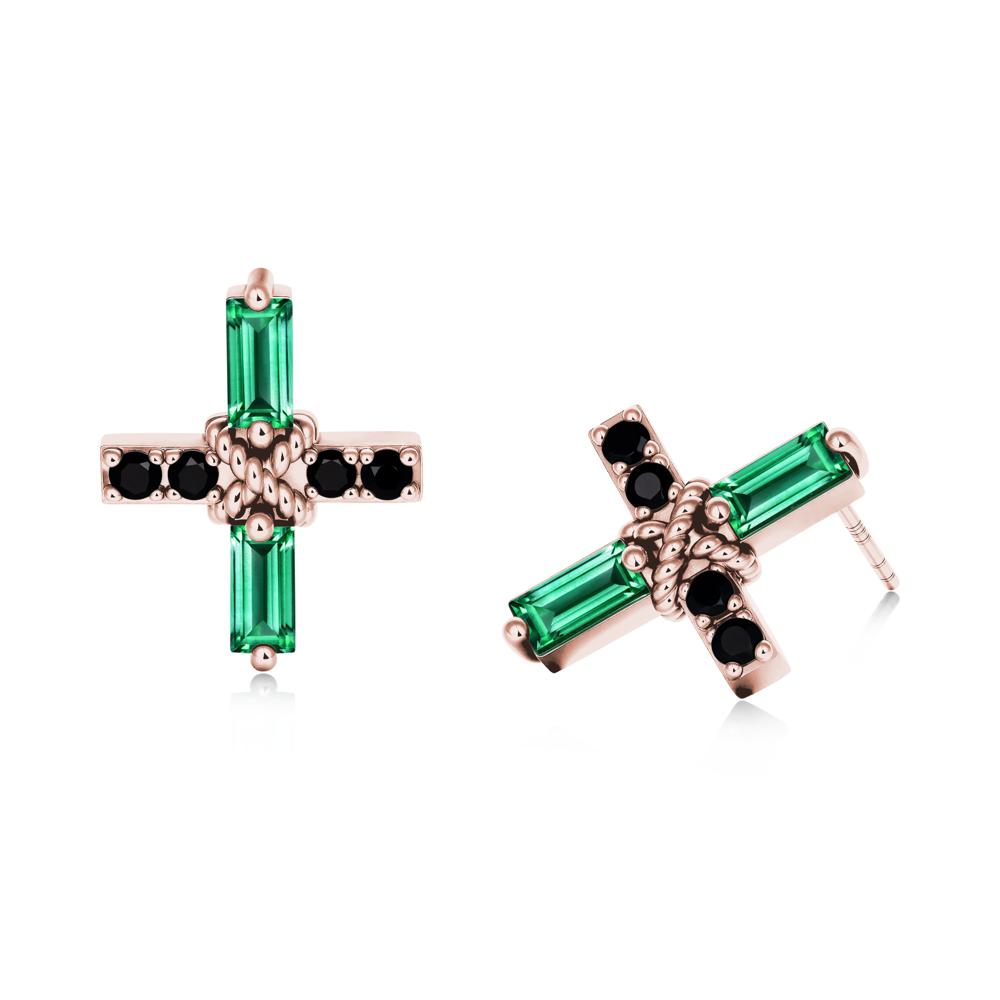 Baguette Emerald and Black Spinel Green Cross Stud Earrings - LUO Jewelry #metal_18k rose gold