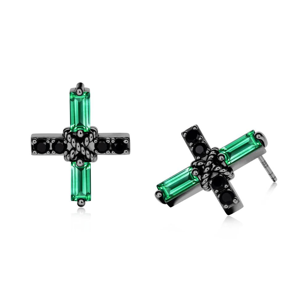 Baguette Emerald and Black Spinel Green Cross Stud Earrings - LUO Jewelry #metal_black finish sterling silver