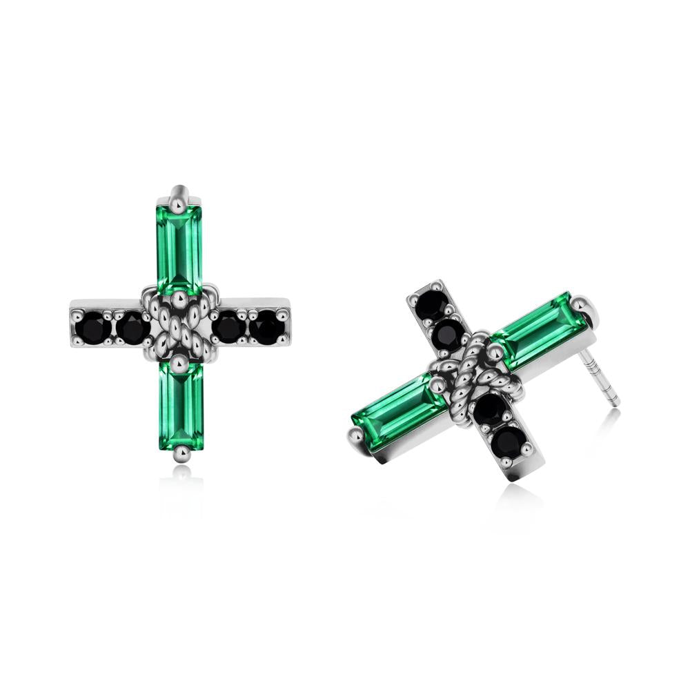 Baguette Emerald and Black Spinel Green Cross Stud Earrings - LUO Jewelry #metal_platinum