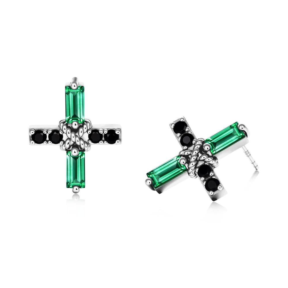 Baguette Emerald and Black Spinel Green Cross Stud Earrings - LUO Jewelry #metal_sterling silver