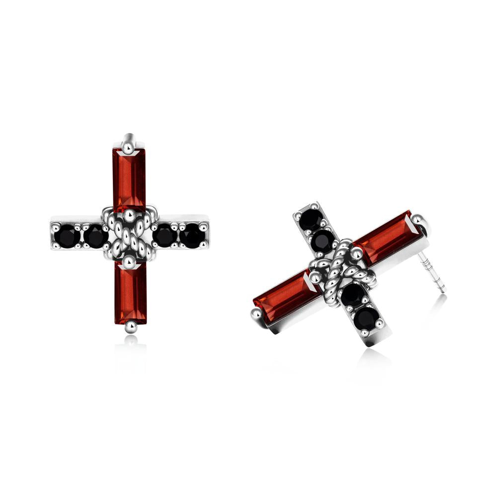 Baguette Garnet and Black Spinel Green Cross Stud Earrings - LUO Jewelry #metal_sterling silver