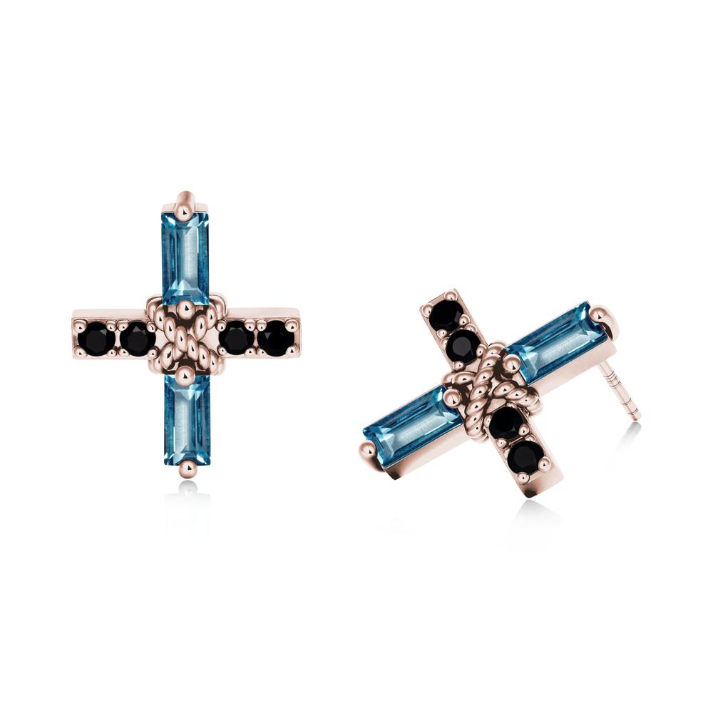 Baguette London Blue Topaz and Black Spinel Green Cross Stud Earrings - LUO Jewelry #metal_14k rose gold