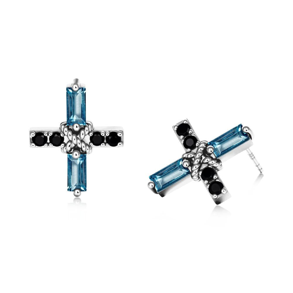 Baguette London Blue Topaz and Black Spinel Green Cross Stud Earrings - LUO Jewelry #metal_14k white gold