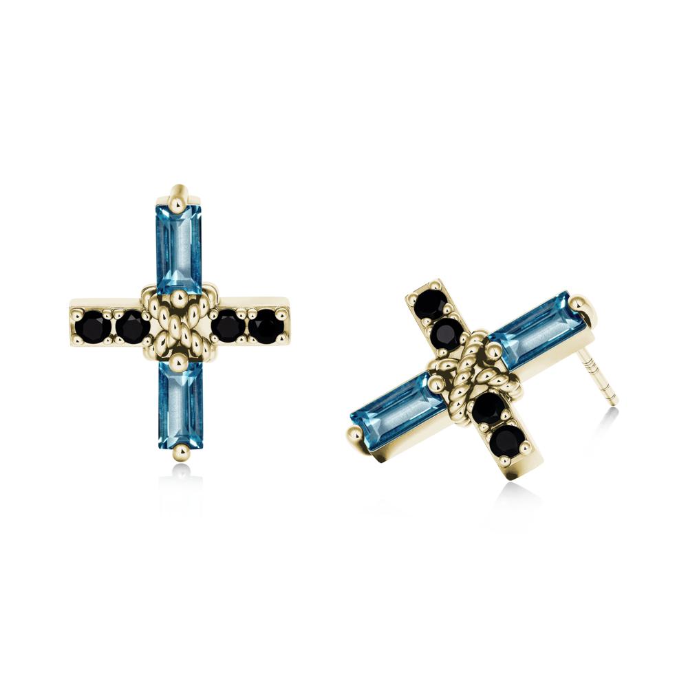 Baguette London Blue Topaz and Black Spinel Green Cross Stud Earrings - LUO Jewelry #metal_14k yellow gold