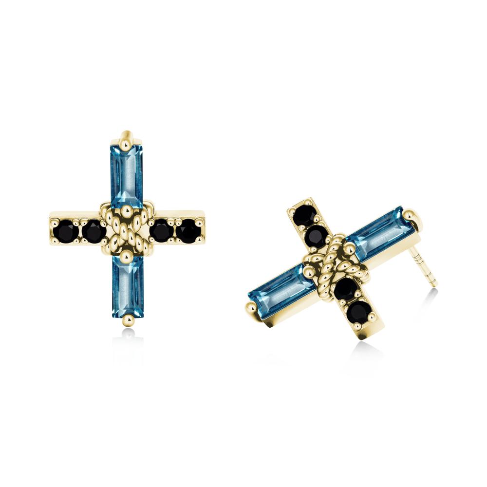 Baguette London Blue Topaz and Black Spinel Green Cross Stud Earrings - LUO Jewelry #metal_18k yellow gold