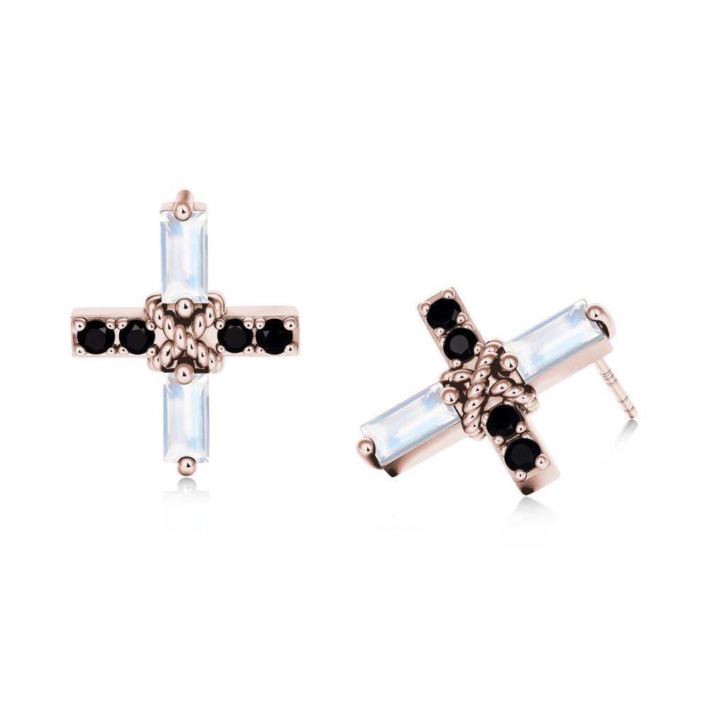 Baguette Moonstone and Black Spinel Green Cross Stud Earrings - LUO Jewelry #metal_14k rose gold