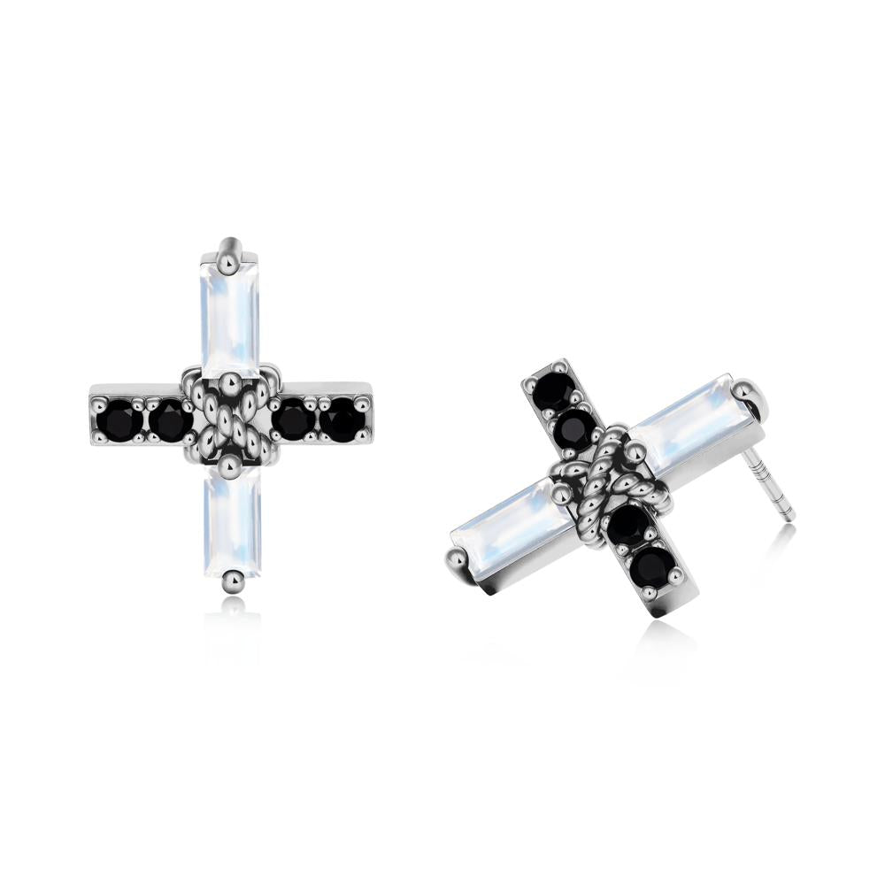 Baguette Moonstone and Black Spinel Green Cross Stud Earrings - LUO Jewelry #metal_platinum