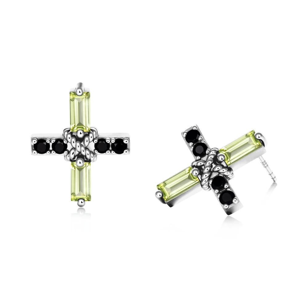 Baguette Peridot and Black Spinel Green Cross Stud Earrings - LUO Jewelry #metal_sterling silver
