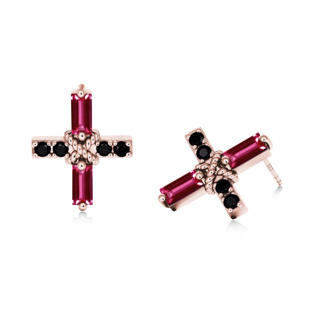 Baguette Ruby and Black Spinel Green Cross Stud Earrings - LUO Jewelry #metal_18k rose gold