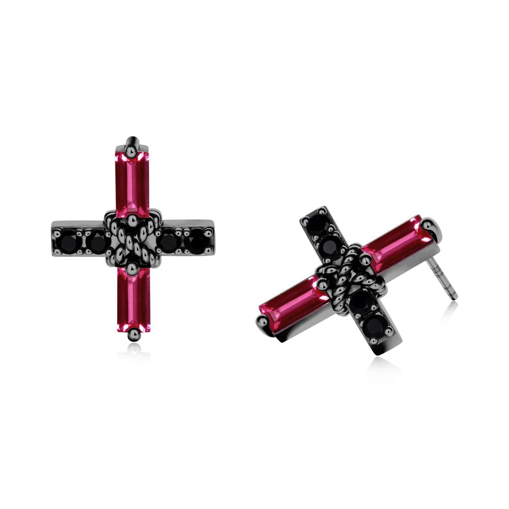 Baguette Ruby and Black Spinel Green Cross Stud Earrings - LUO Jewelry #metal_black finish sterling silver