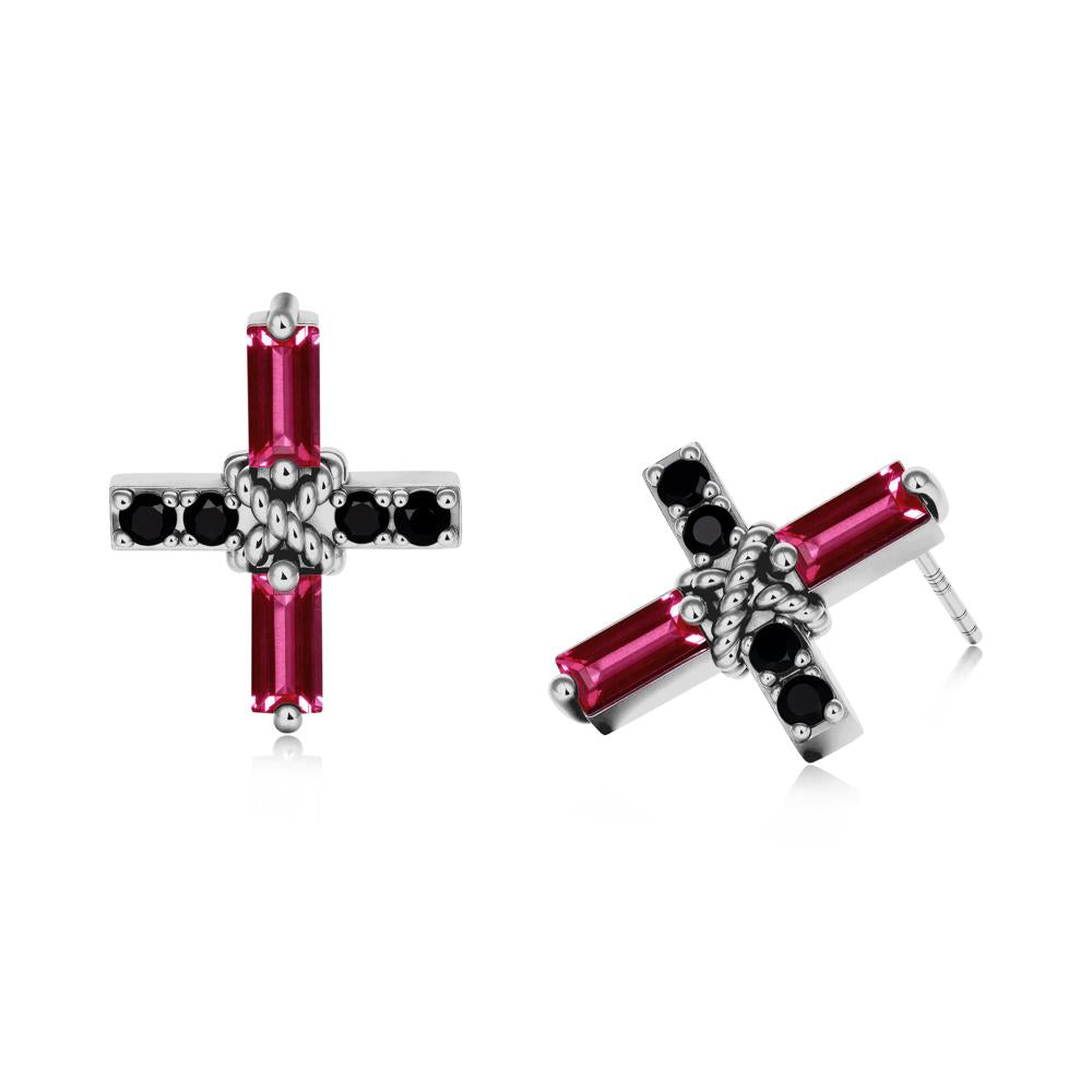 Baguette Ruby and Black Spinel Green Cross Stud Earrings - LUO Jewelry #metal_platinum