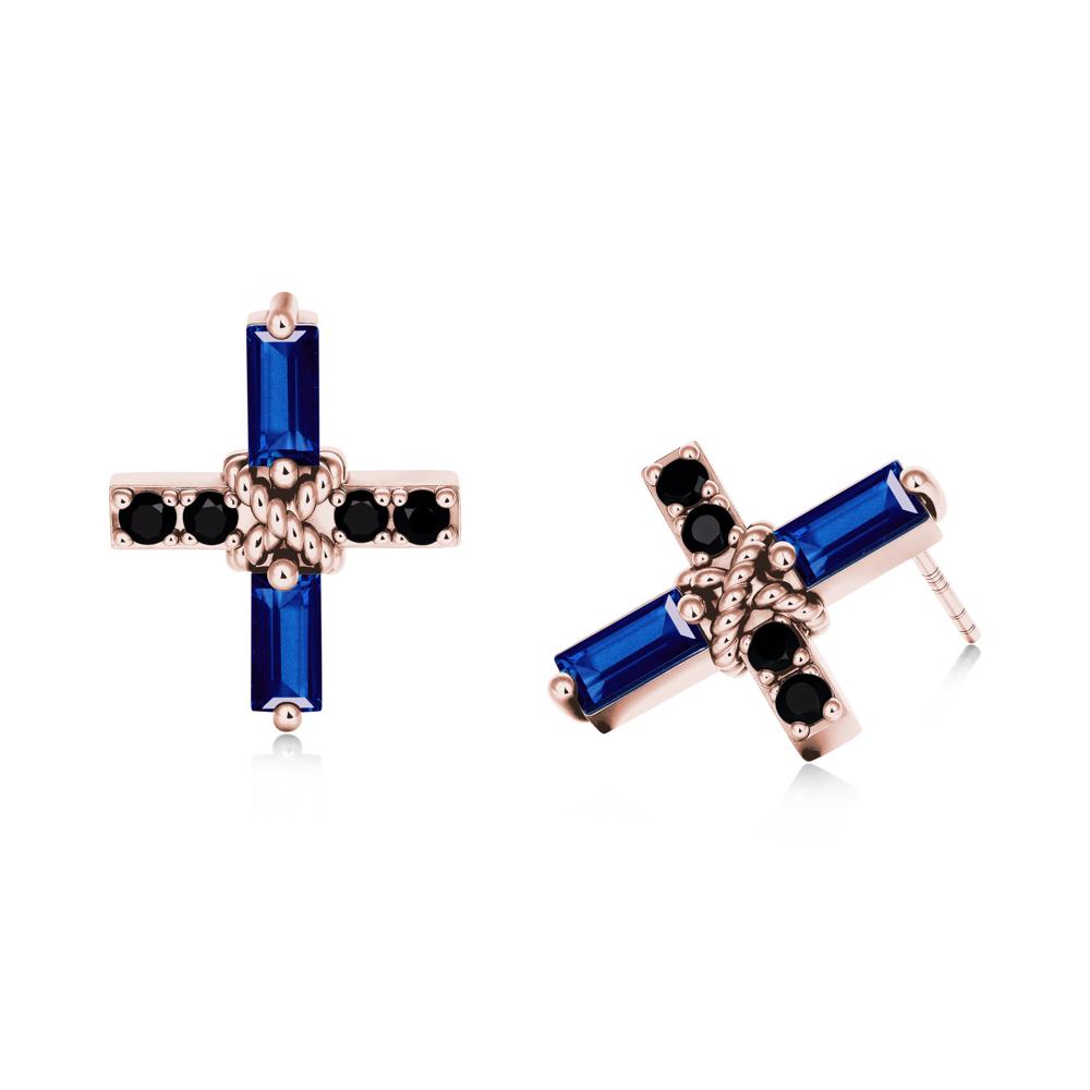 Baguette Sapphire and Black Spinel Green Cross Stud Earrings - LUO Jewelry #metal_18k rose gold
