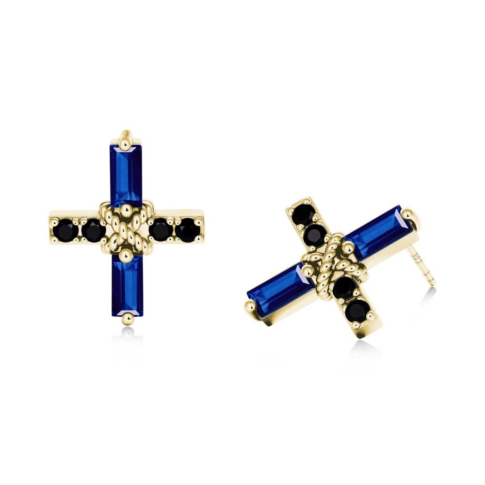 Baguette Sapphire and Black Spinel Green Cross Stud Earrings - LUO Jewelry #metal_18k yellow gold