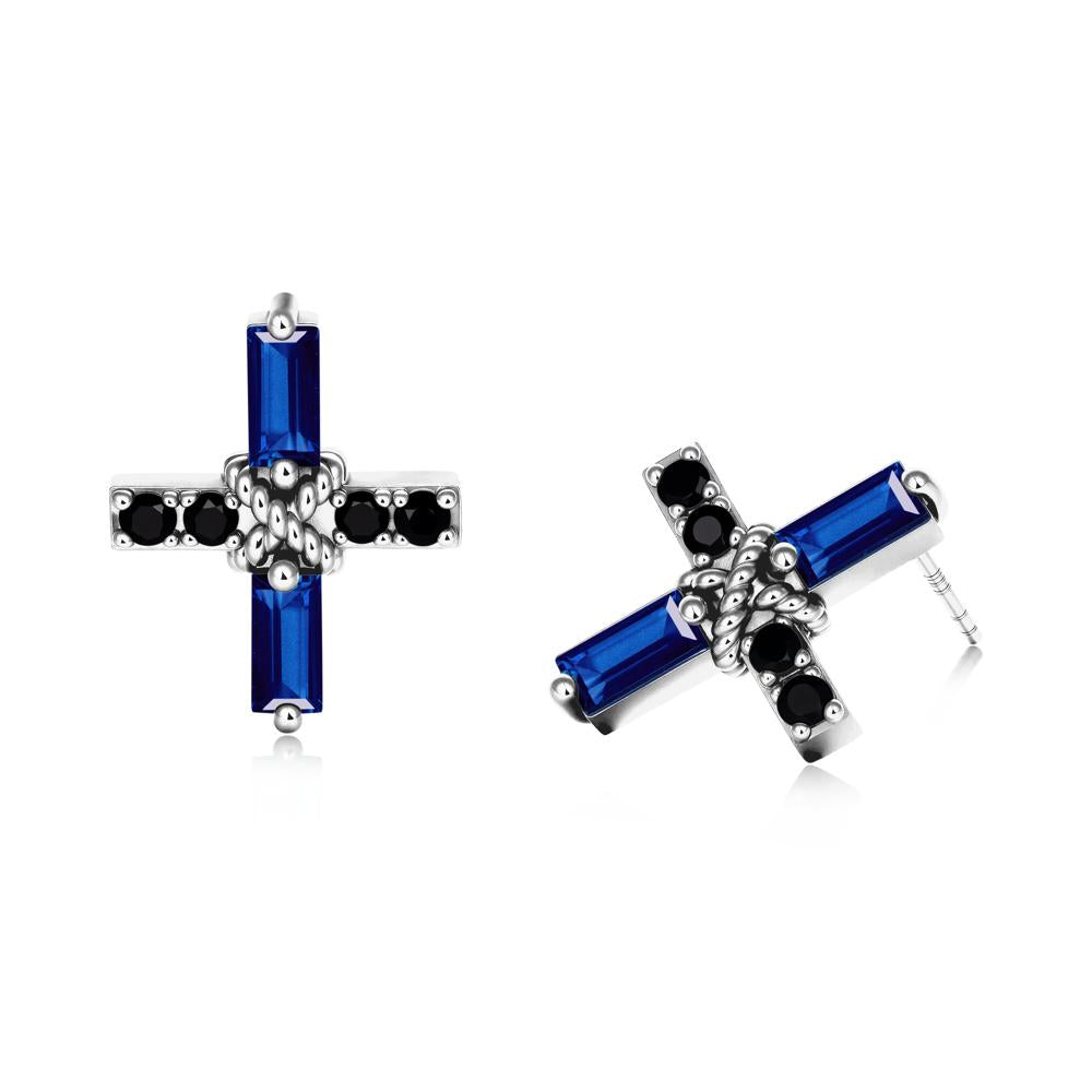 Baguette Sapphire and Black Spinel Green Cross Stud Earrings - LUO Jewelry #metal_sterling silver