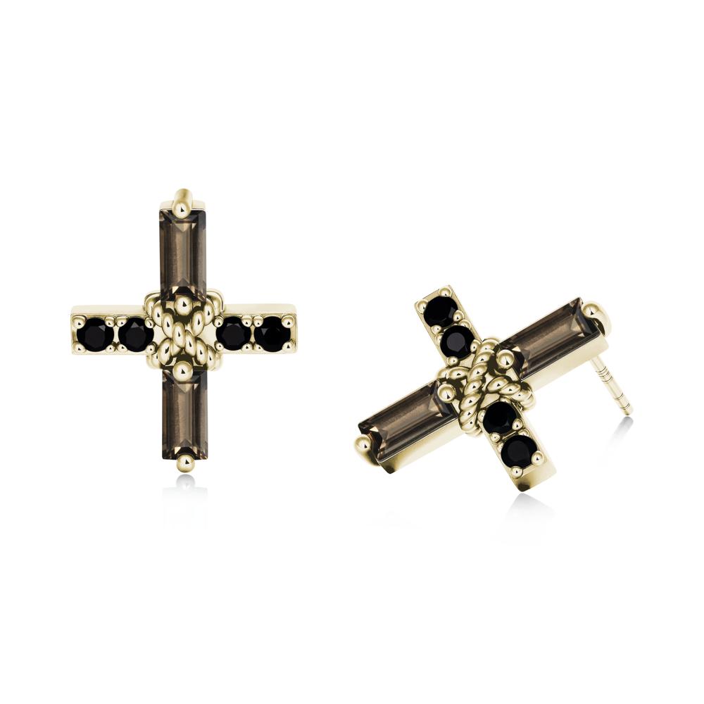 Baguette Smoky Quartz and Black Spinel Green Cross Stud Earrings - LUO Jewelry #metal_14k yellow gold
