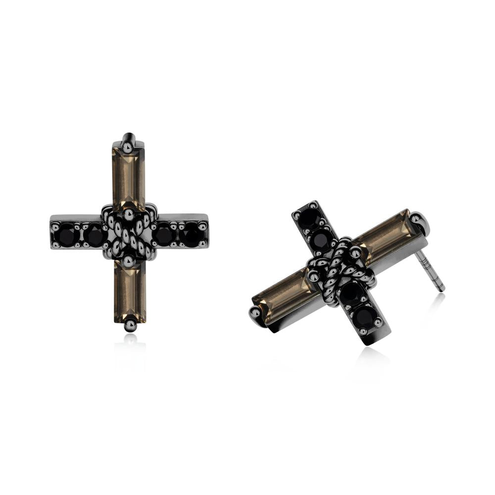 Baguette Smoky Quartz and Black Spinel Green Cross Stud Earrings - LUO Jewelry #metal_black finish sterling silver