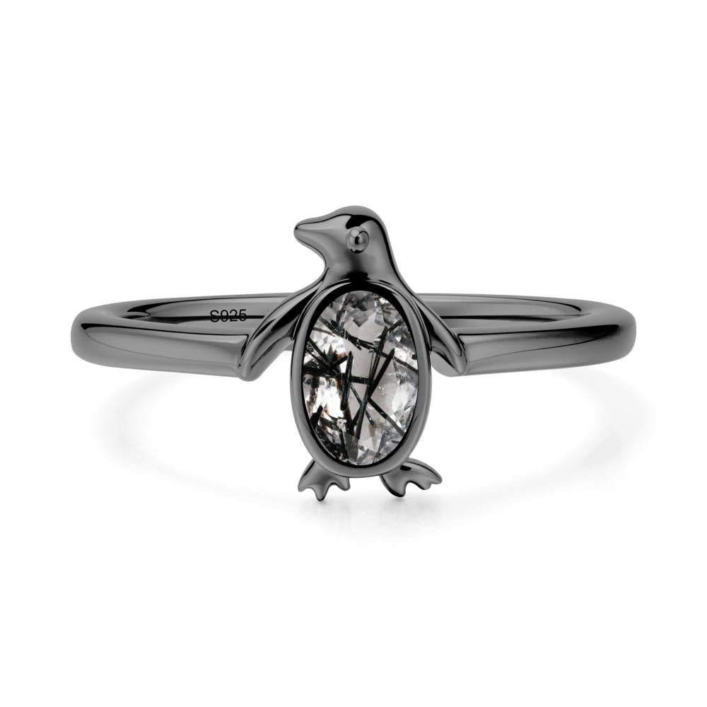 Oval Black Rutilated Quartz Penguin Ring - LUO Jewelry #metal_black finish sterling silver