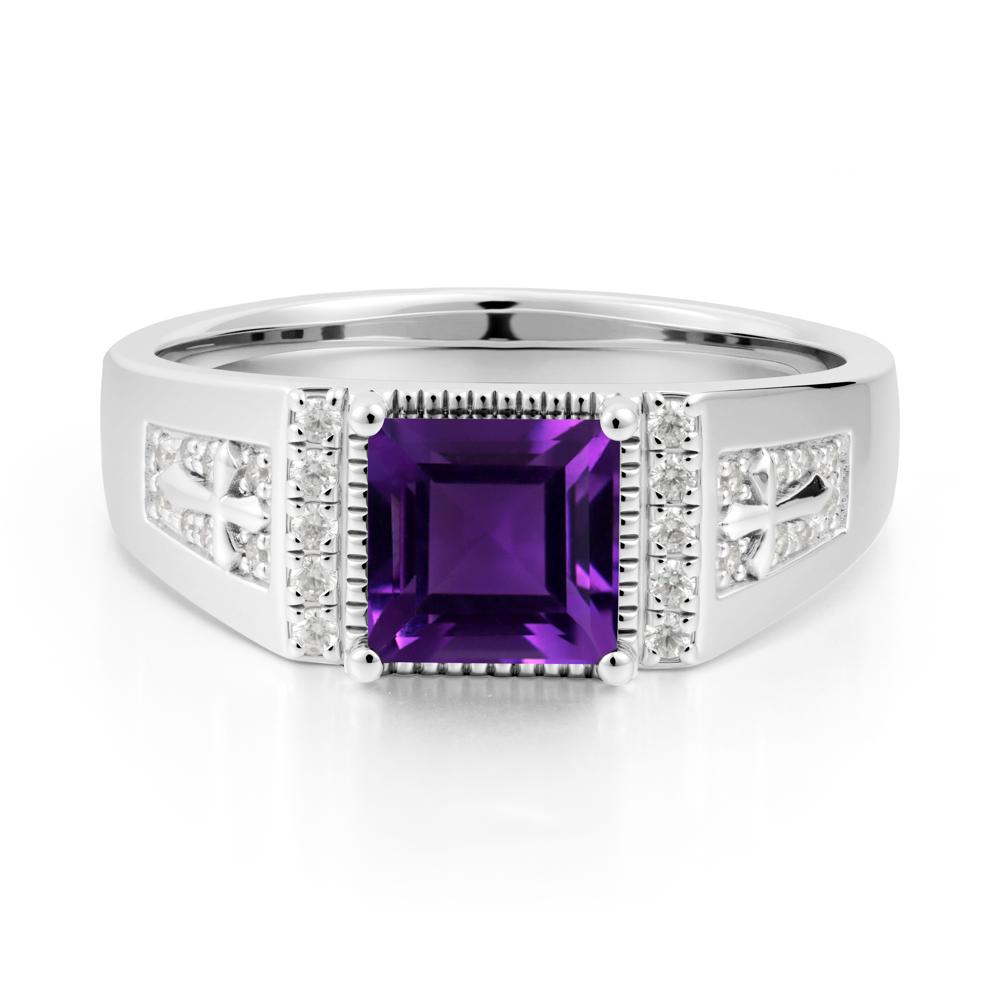 Square Amethyst Cross Ring for Men - LUO Jewelry #metal_14k white gold