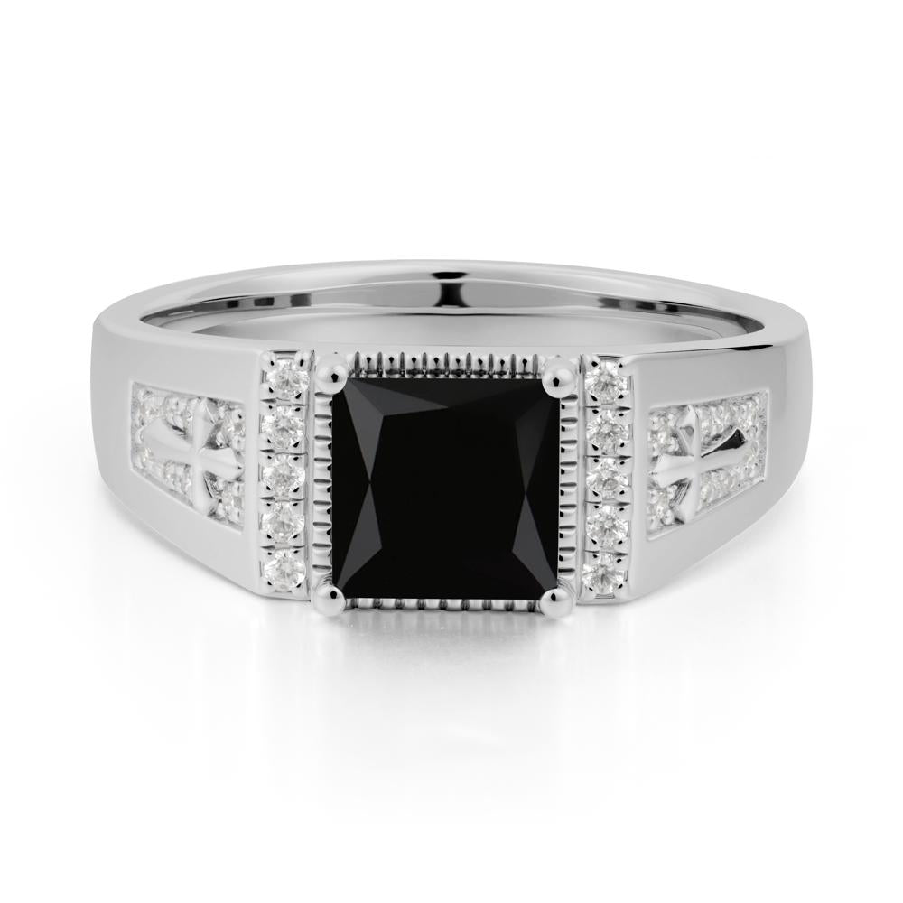 Men Black Spinel Statement Ring with Cross - LUO Jewelry #metal_platinum