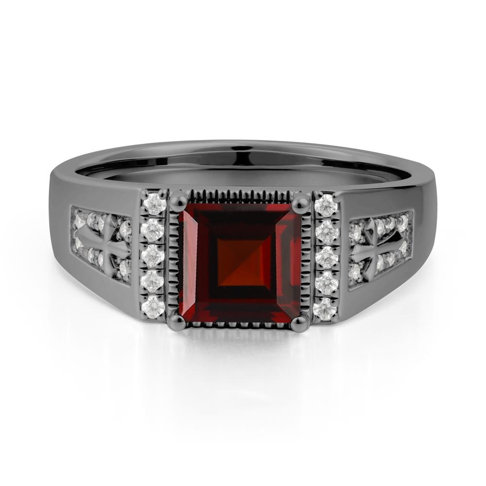 Square Garnet Cross Ring for Men - LUO Jewelry #metal_black finish sterling silver