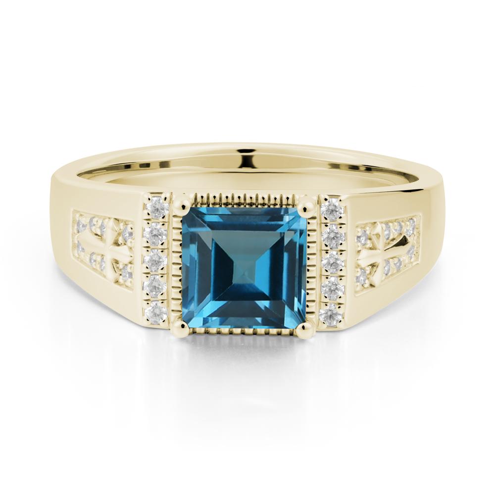 Square London Blue Topaz Cross Ring for Men - LUO Jewelry #metal_14k yellow gold