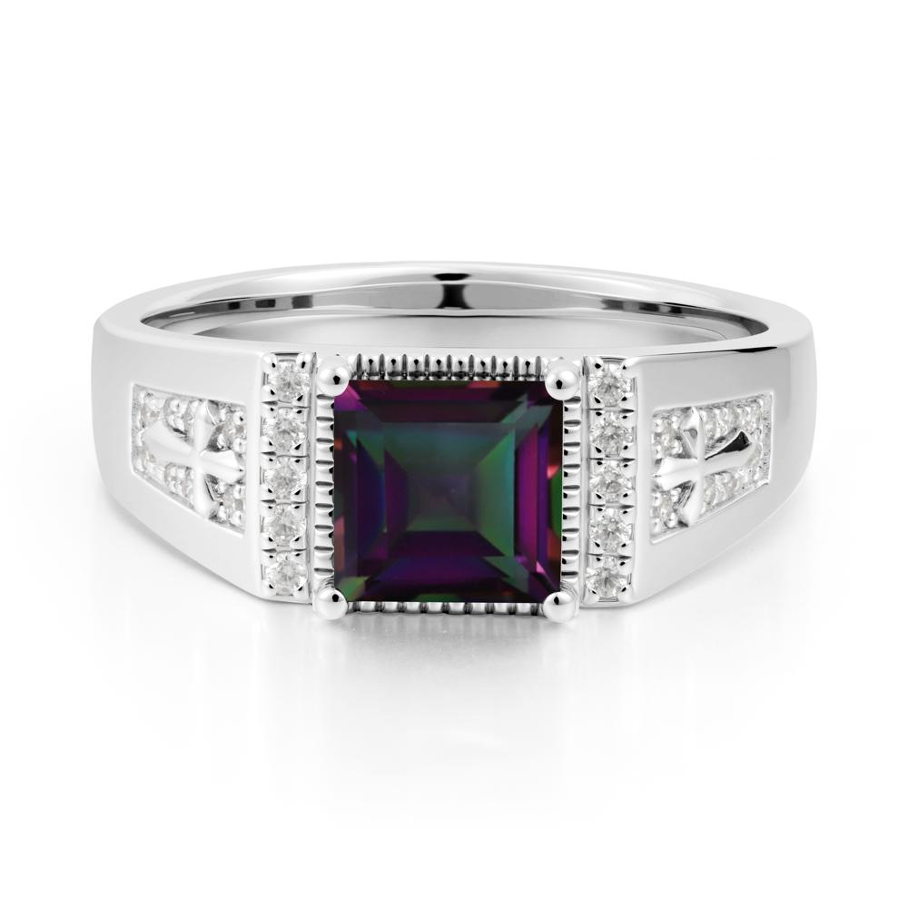 Men Mystic Topaz Statement Ring with Cross - LUO Jewelry #metal_18k white gold