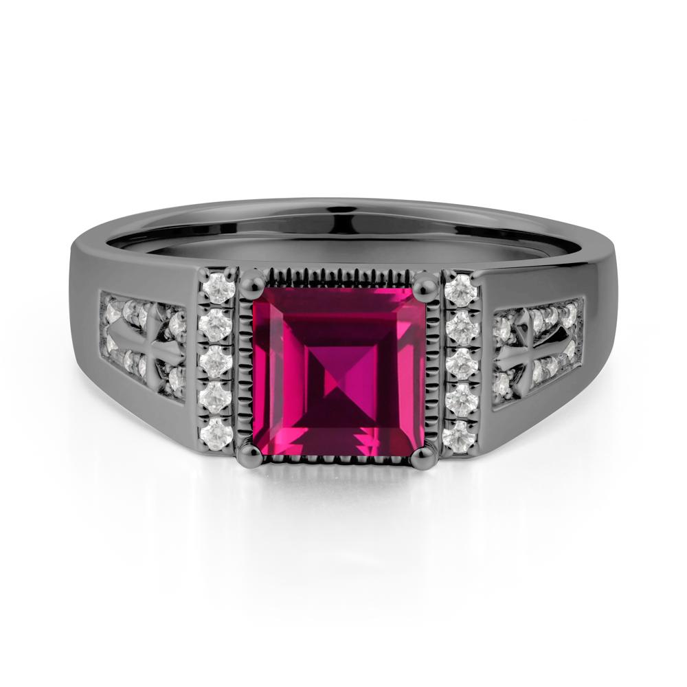 Square Ruby Cross Ring for Men - LUO Jewelry #metal_black finish sterling silver