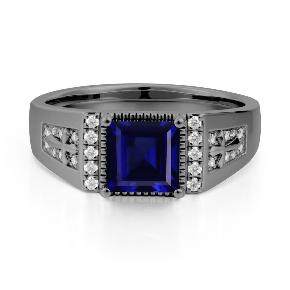 Men Sapphire Statement Ring with Cross - LUO Jewelry #metal_black finish sterling silver