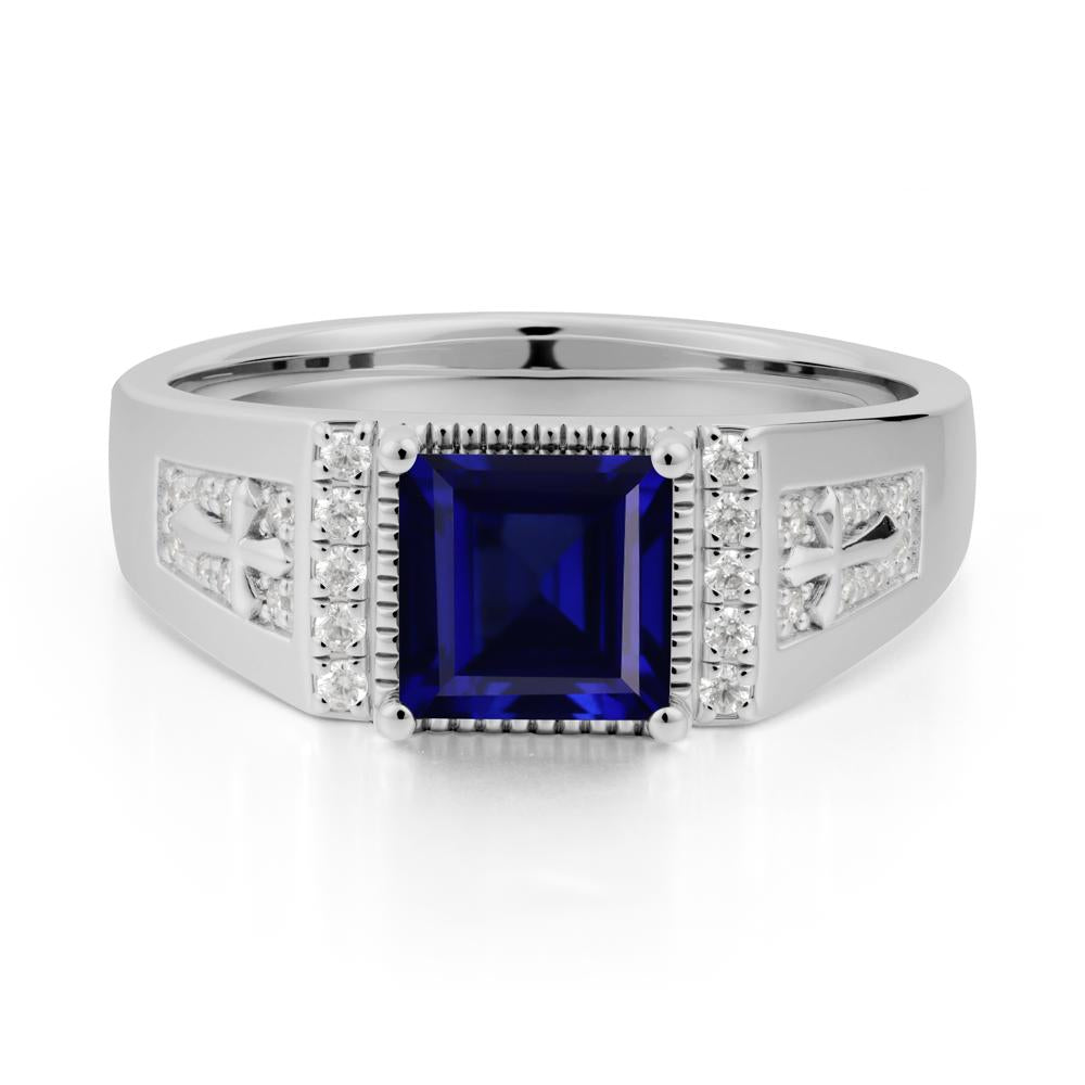 Men Sapphire Statement Ring with Cross - LUO Jewelry #metal_platinum