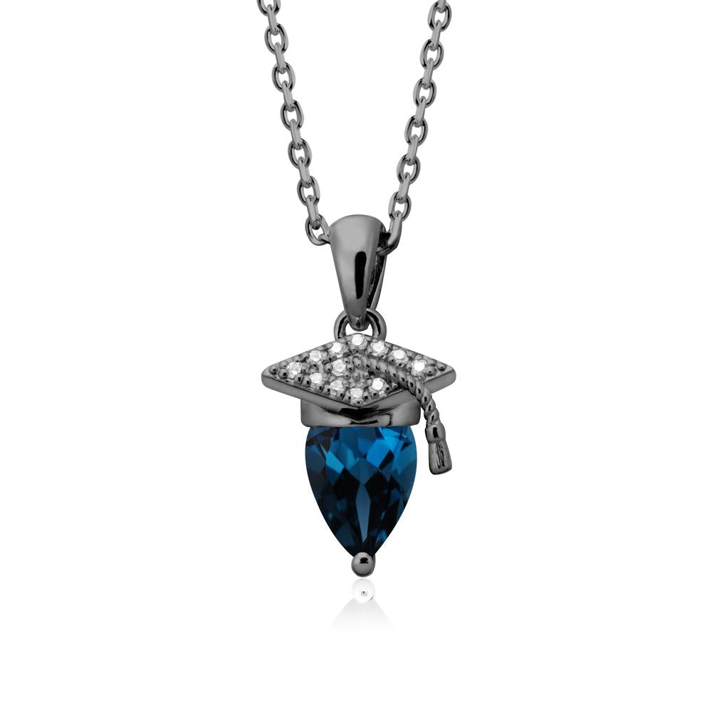 Graduation Cap London Blue Topaz Pendant Necklace - LUO Jewelry #metal_black finish sterling silver