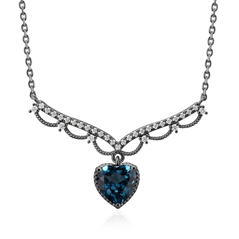 Heart Shaped London Blue Topaz Necklace with Pave Accents - LUO Jewelry #metal_black finish sterling silver