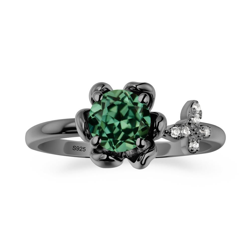 Round Green Sapphire Petal Halo Ring - LUO Jewelry #metal_black finish sterling silver