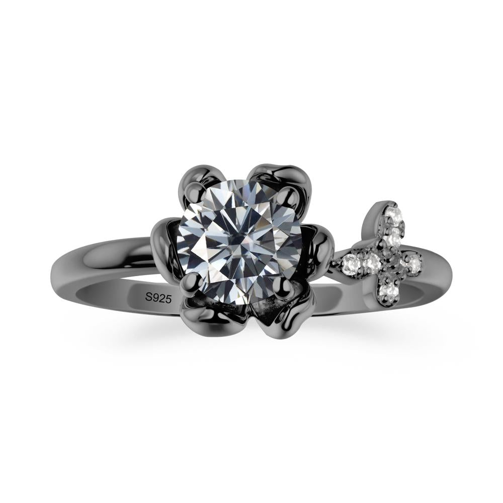 Floral Inspired Grey Moissanite Ring with Butterfly - LUO Jewelry #metal_black finish sterling silver