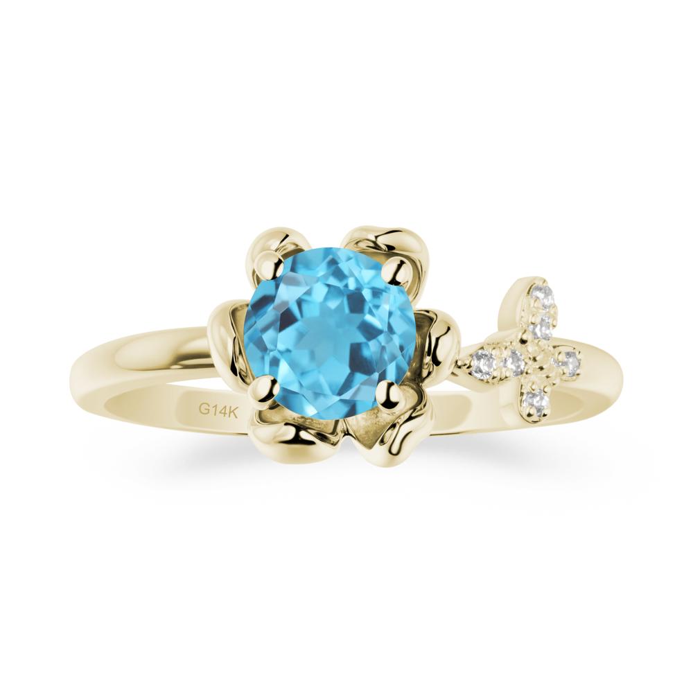 Round Swiss Blue Topaz Petal Halo Ring - LUO Jewelry #metal_14k yellow gold