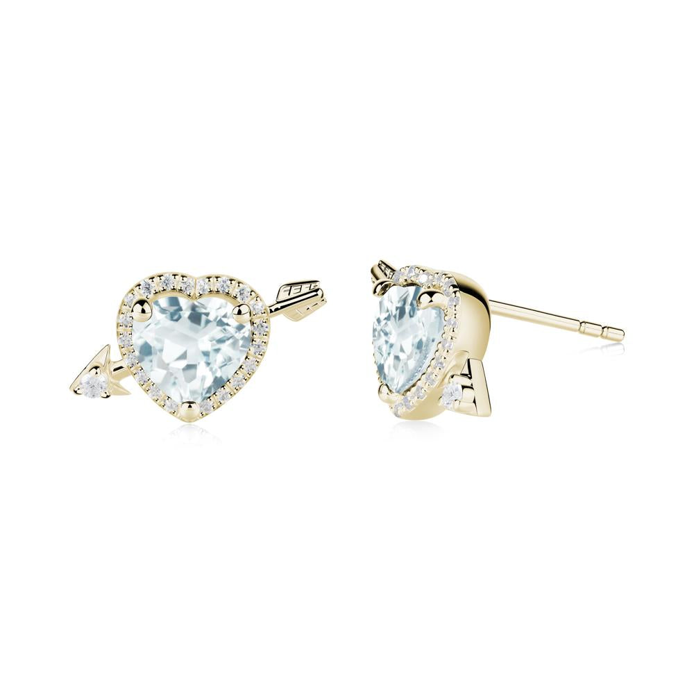 Heart Shaped Aquamarine Cupid's Arrow Stud Earrings - LUO Jewelry #metal_14k yellow gold