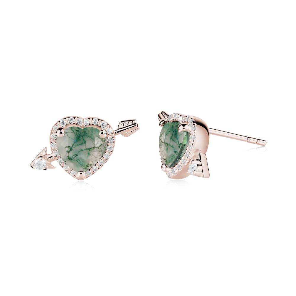 Heart Shaped Moss Agate Cupid's Arrow Stud Earrings - LUO Jewelry #metal_14k rose gold