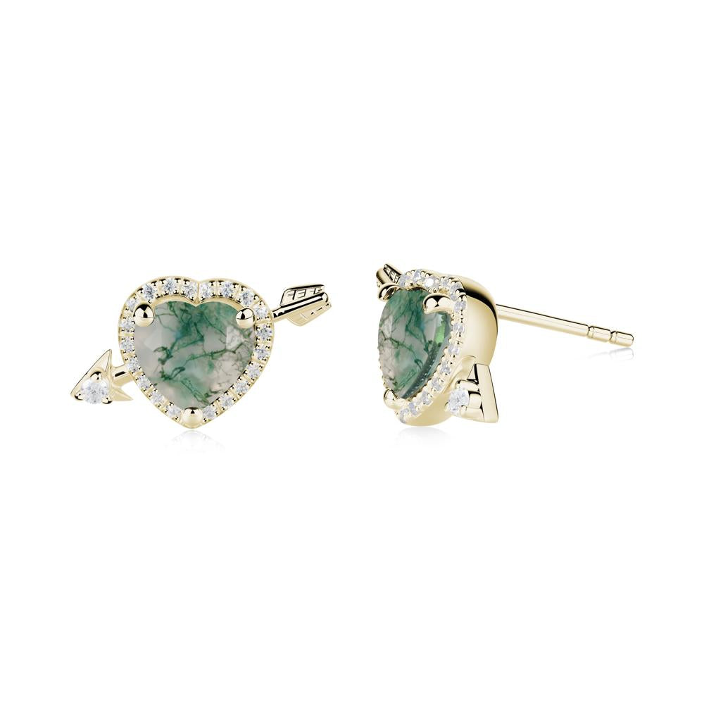 Heart Shaped Moss Agate Cupid's Arrow Stud Earrings - LUO Jewelry #metal_14k yellow gold