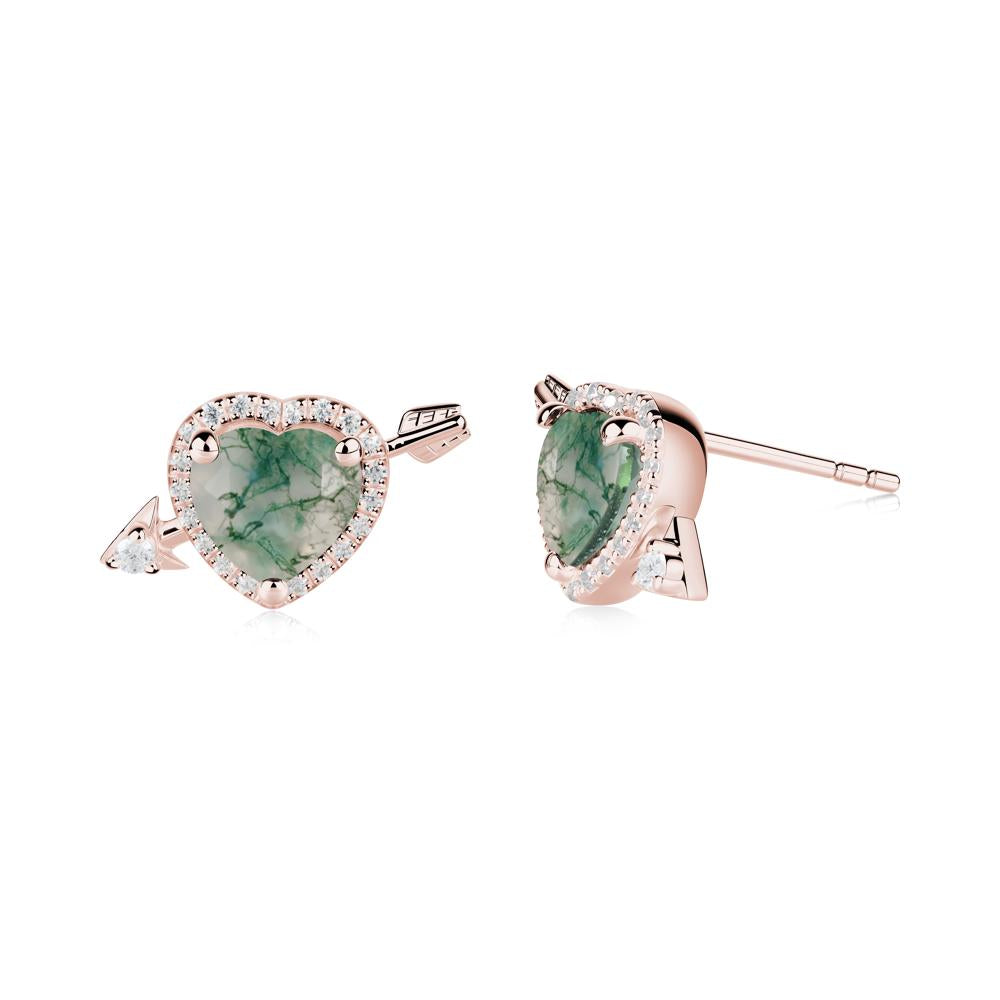 Heart Shaped Moss Agate Cupid's Arrow Stud Earrings - LUO Jewelry #metal_18k rose gold