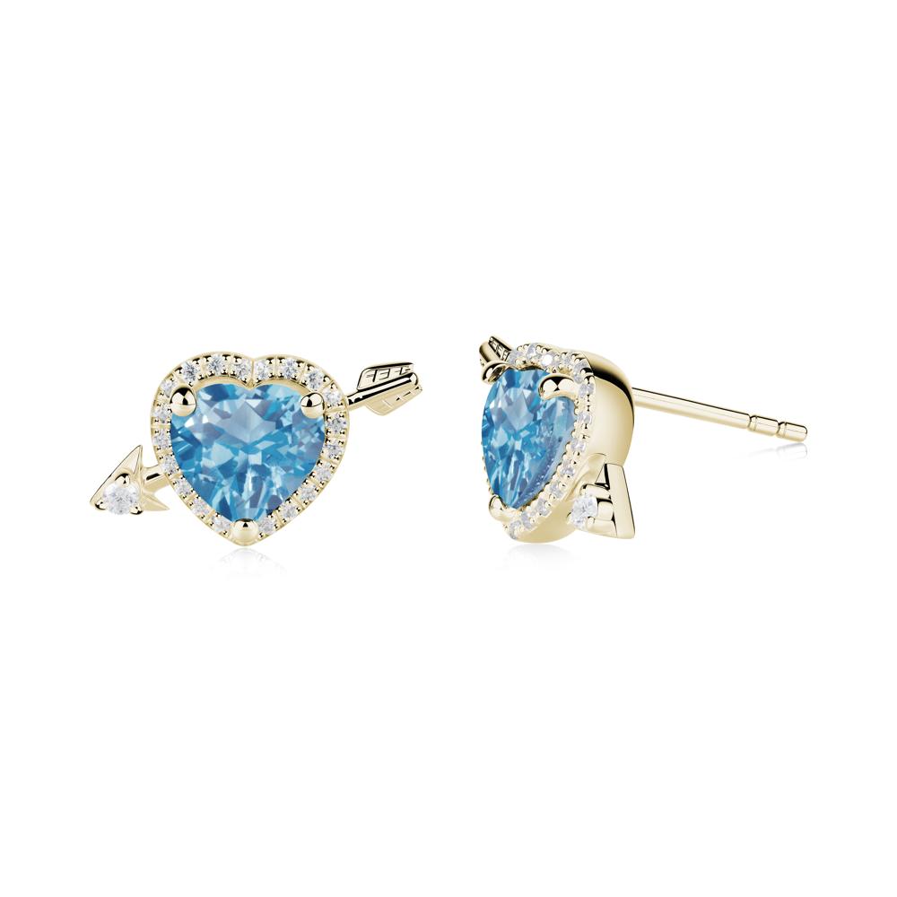 Heart Shaped Swiss Blue Topaz Cupid's Arrow Stud Earrings - LUO Jewelry #metal_14k yellow gold