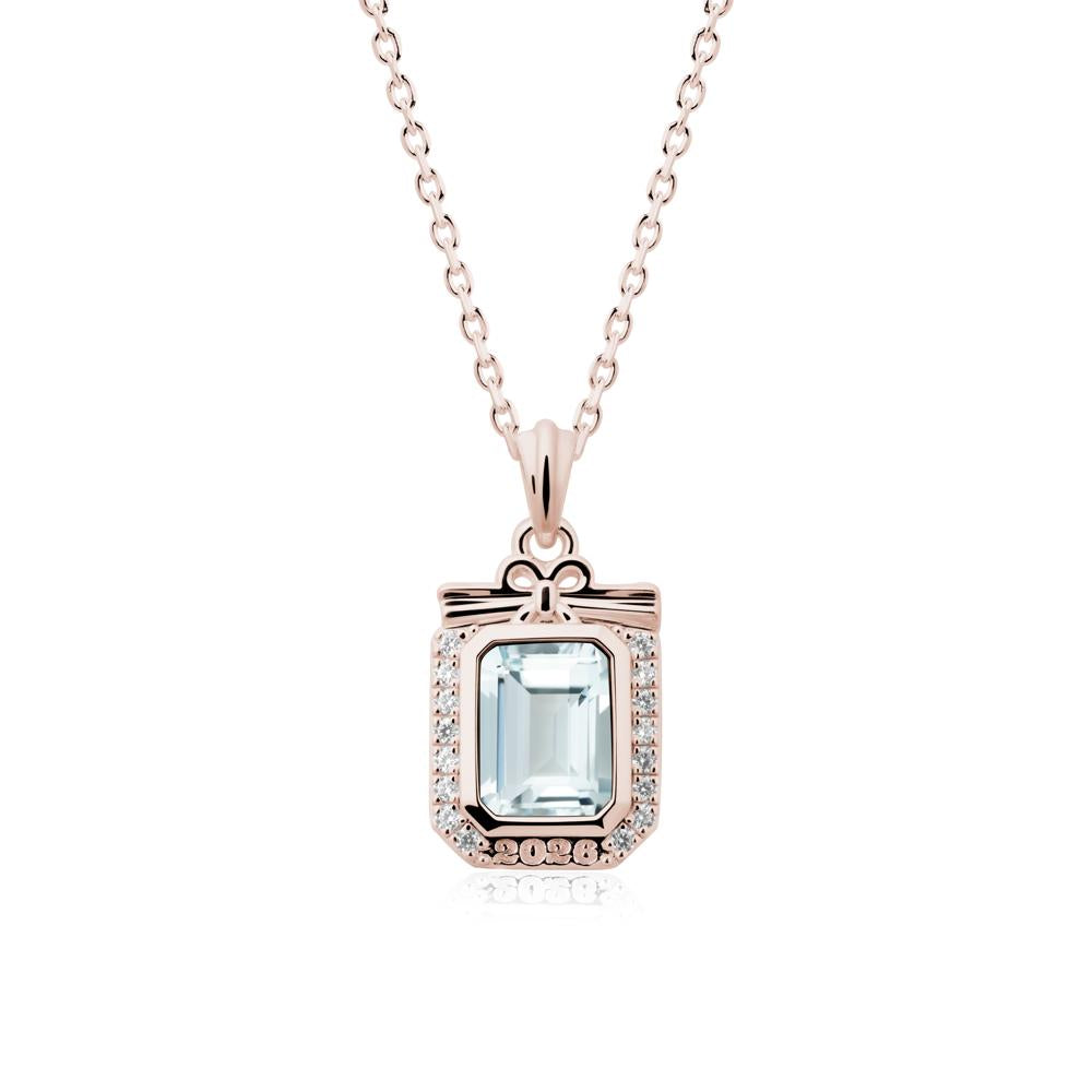 Engravable Year Aquamarine Halo Pendant Necklace - LUO Jewelry #metal_14k rose gold