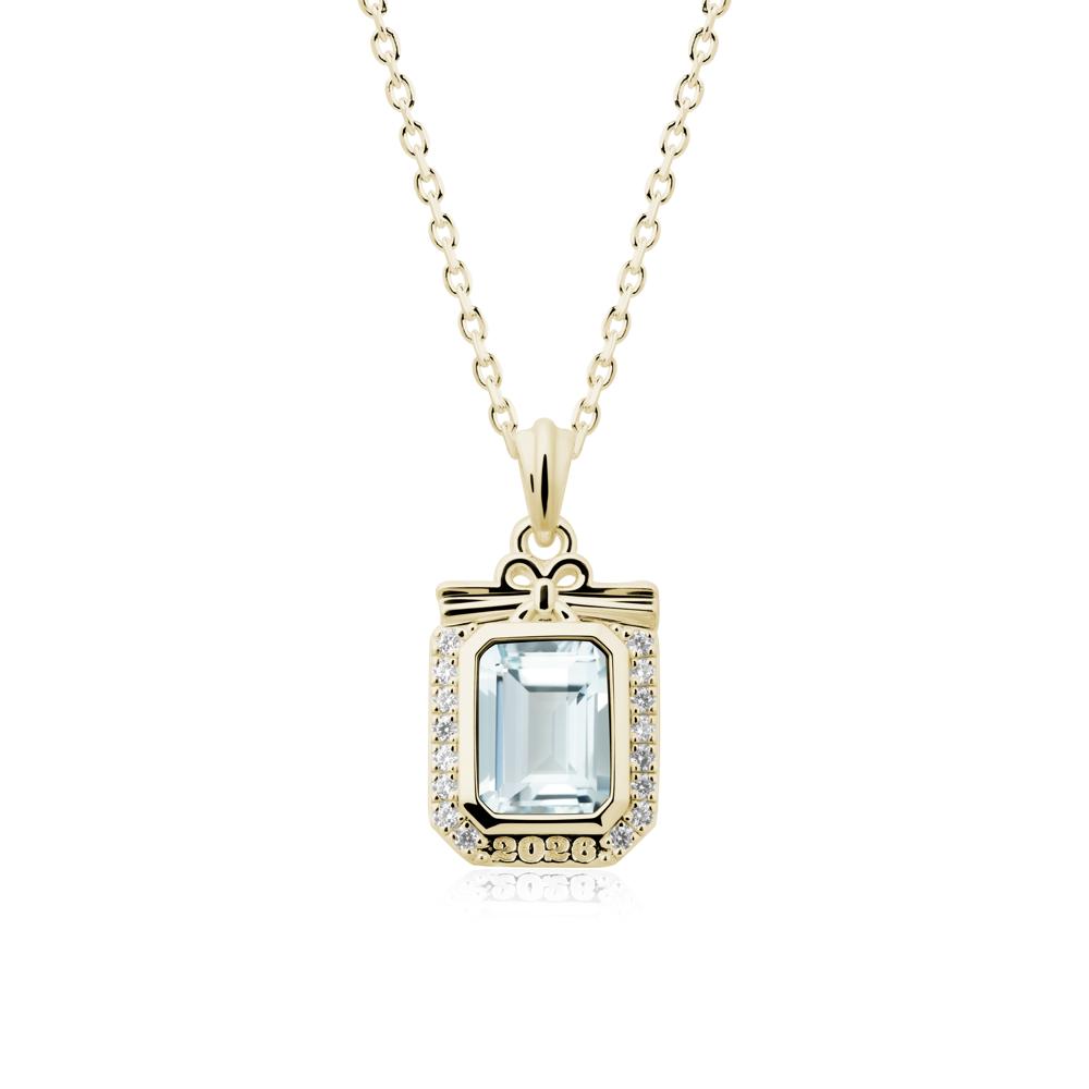Engravable Year Aquamarine Halo Pendant Necklace - LUO Jewelry #metal_14k yellow gold