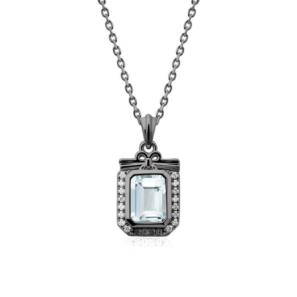 Engravable Year Aquamarine Halo Pendant Necklace - LUO Jewelry #metal_black finish sterling silver